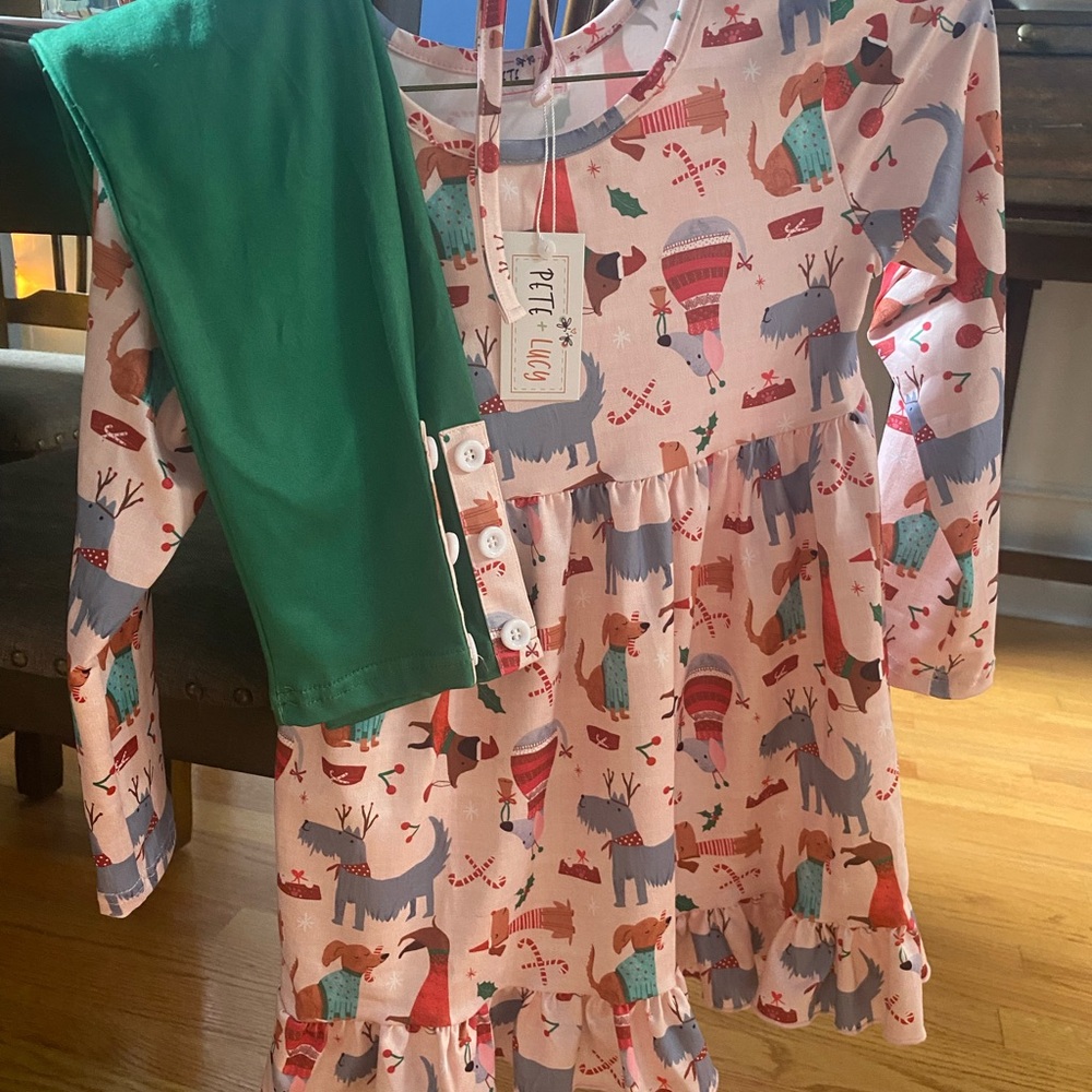 Festive Dog Print Set with Green Pants
